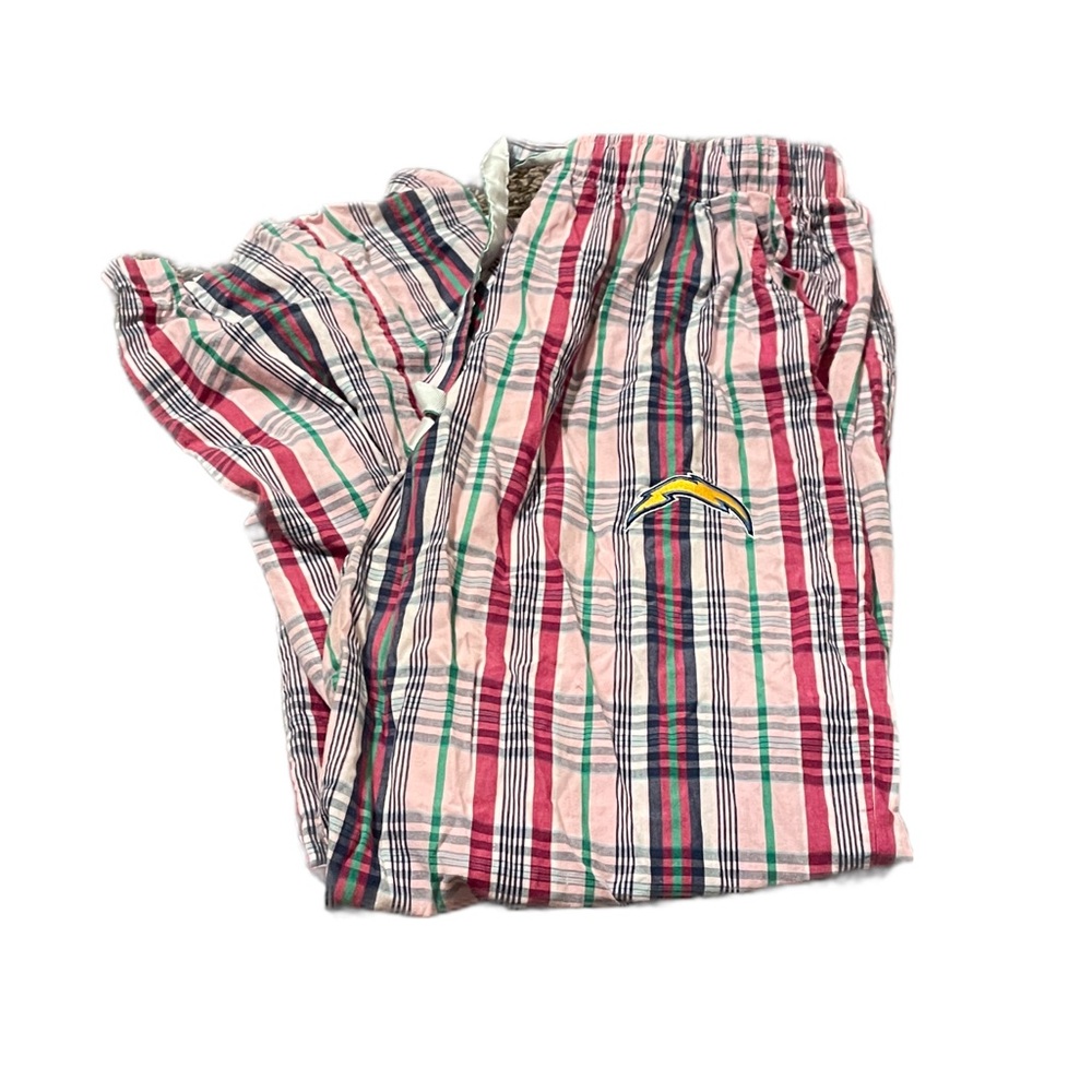 NFL Team Apparel Women’s Pink Plaid Pajama Pants with Chargers Bolt Logo- Medium